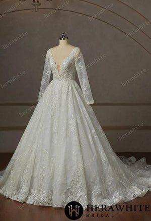 V-Neck Sparkly Wedding Gown With Long Sleeve