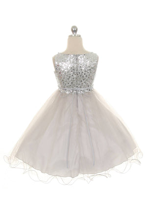 Sequin Party Girls Dress with 3D Mesh Flower and Sash