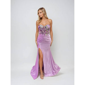 JT2496A Strapless mermaid gown with sheer floral bodice