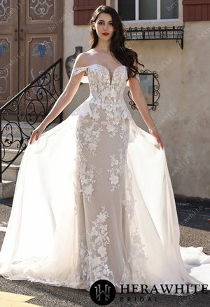 Couture Off-the-Shoulder Floral Lace Mermaid Gown With Detachable Overskirt HW3801-O
