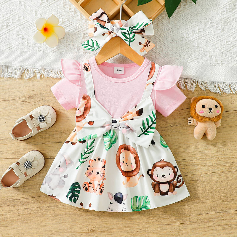 Baby Animal Print Short Sleeves Dress with Headband
