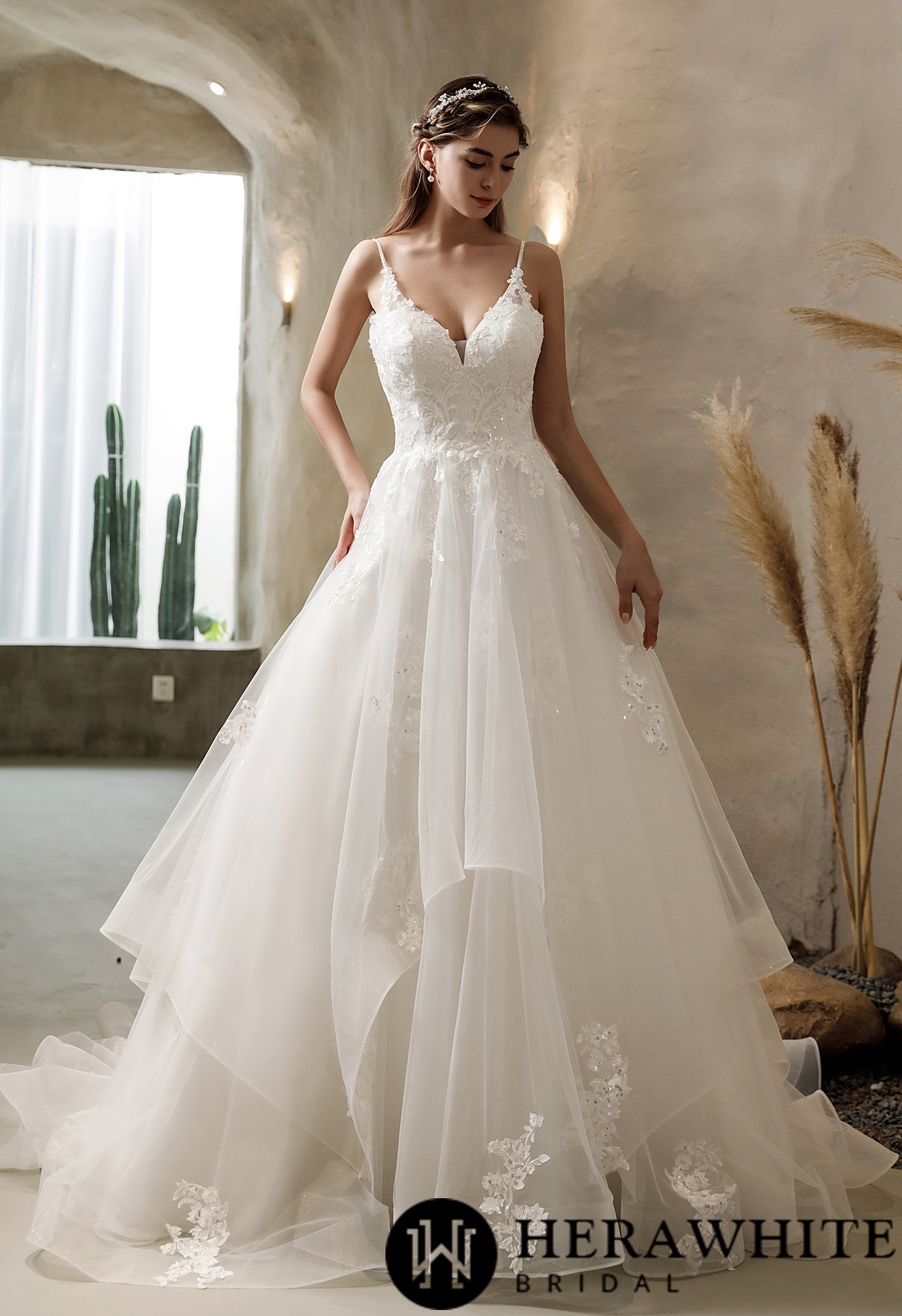 Ethereal Floral Lace Wedding Dress with Tiered Tulle Skirt