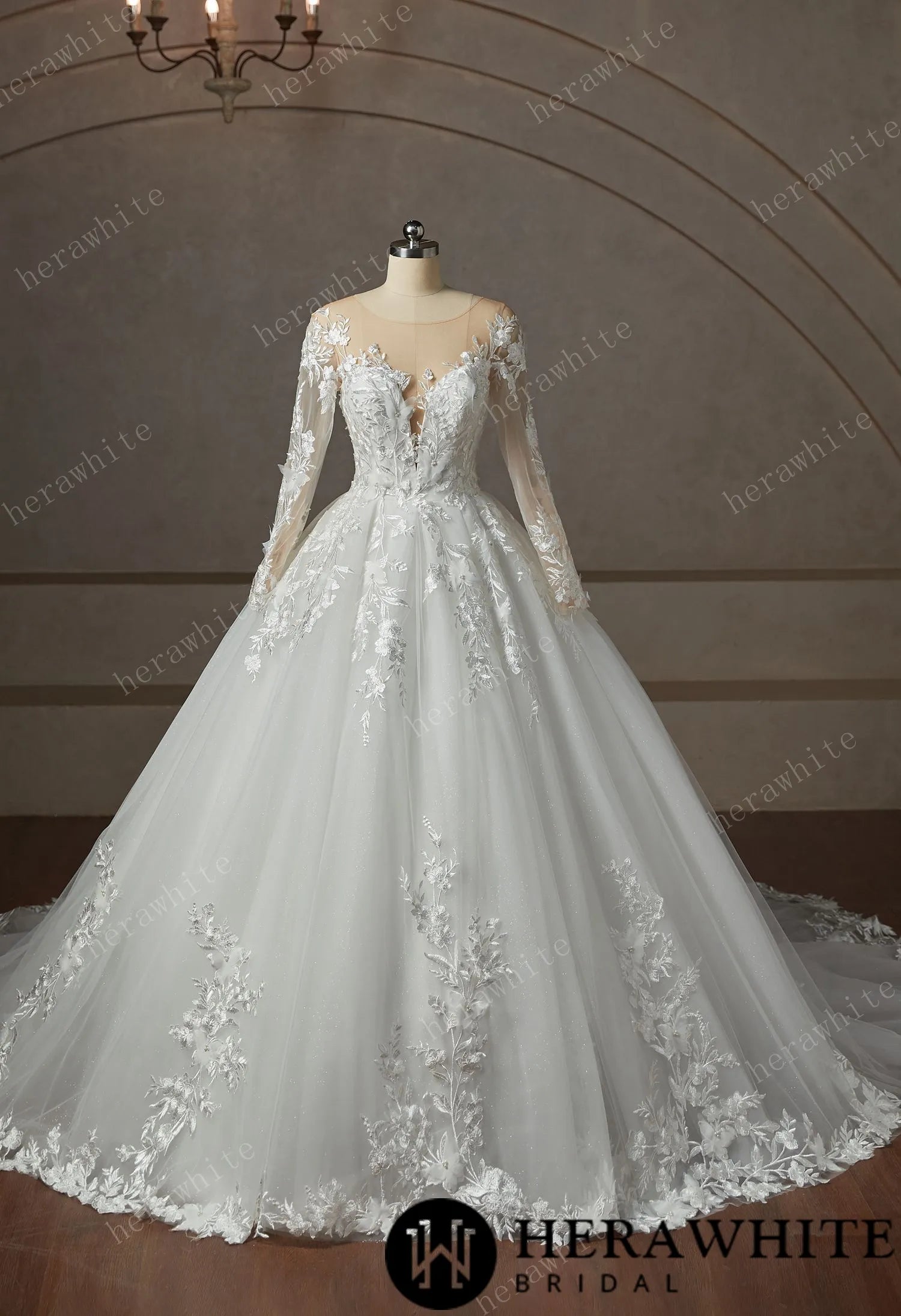 Floral Lace Wedding Dress With Long Sleeve