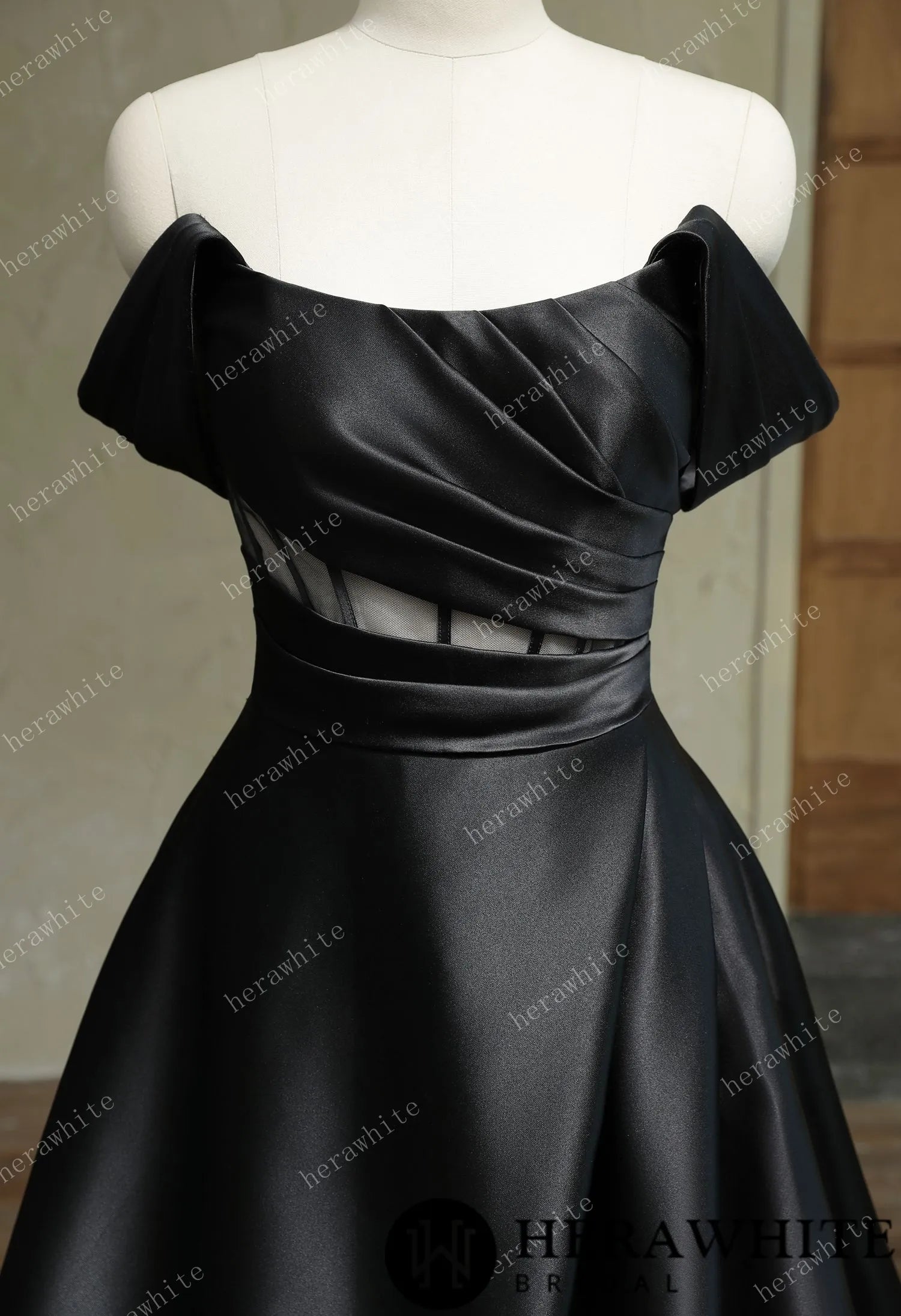 Modern Off Shoulder Grace Slit And Strapless Satin Black Wedding Dress