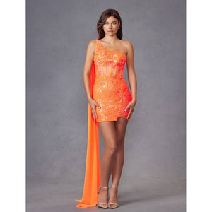 ONE SHOULDE CAPE WITH LEAF LACE BODICE COCKTAIL DRESS