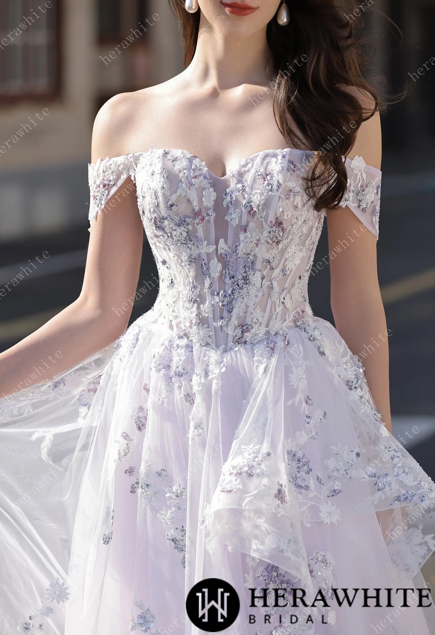 Floral Sheer-Bodice Bridal Gown with Asymmetric Ruffled Skirt HW3856