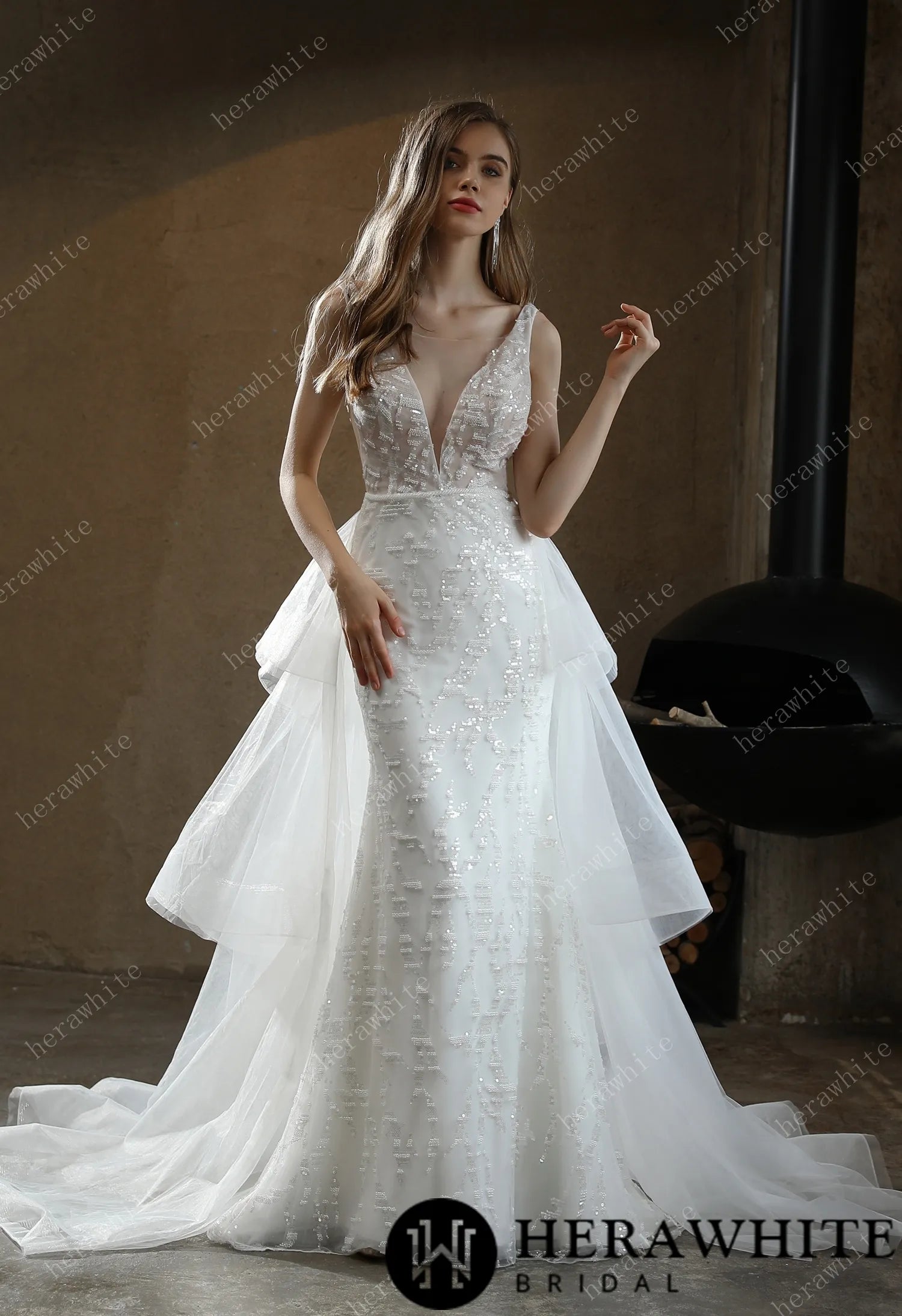 Allover Beaded Sheath Wedding Dress with a Ruffled Skirt