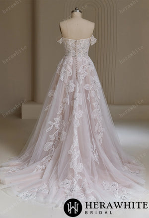 Romantic Off The Shoulder Tulle Floral Lace A-line Wedding Dress