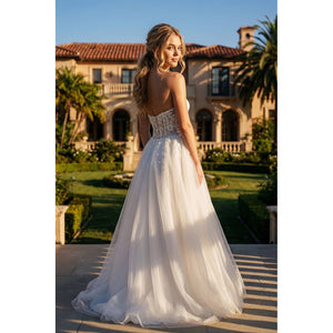 MESH STRAPLESS GOWN WITH SHEER EMBROIDERED LACE WAIST