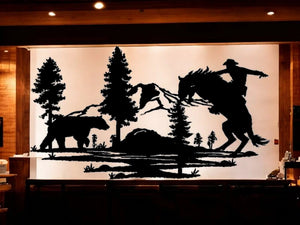 METAL Cowboy on horse with bear scene