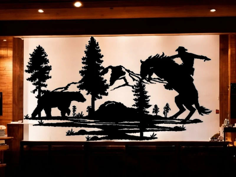 METAL Cowboy on horse with bear scene