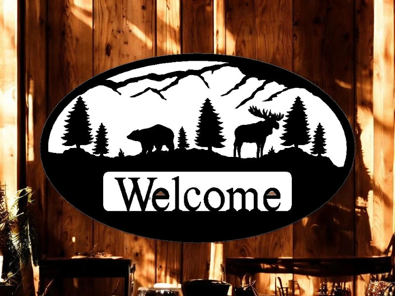 METAL Bear and moose with mountains Welcome