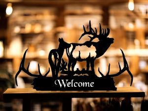 METAL ELK ANTLERS WITH BULL AND COW WELCOME