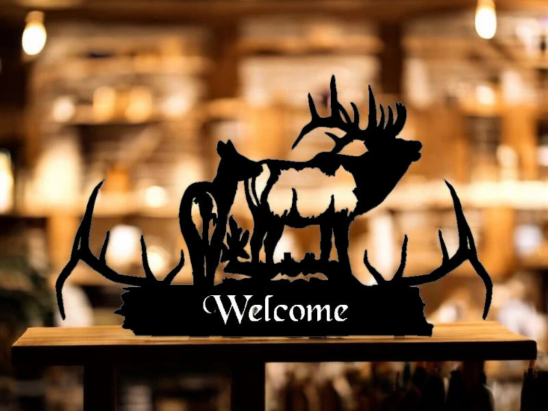 METAL ELK ANTLERS WITH BULL AND COW WELCOME