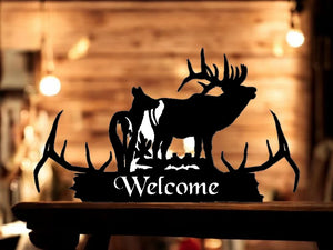 METAL ELK ANTLERS WITH BULL AND COW WELCOME LESS DETAIL