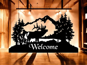 METAL ELK BULL AND COW WITH MOUNTAIN AND LAKE WELCOME LESS DETAIL