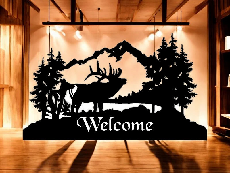 METAL ELK BULL AND COW WITH MOUNTAIN AND LAKE WELCOME LESS DETAIL