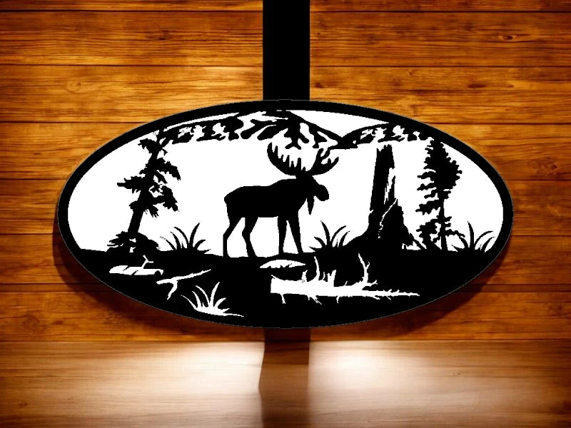 METAL Moose mountain tree oval scene