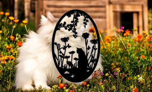 METAL Cat in flower garden oval scene