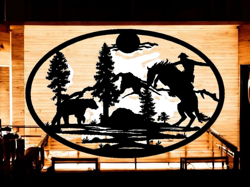 METAL cowboy on horse and bear oval scene