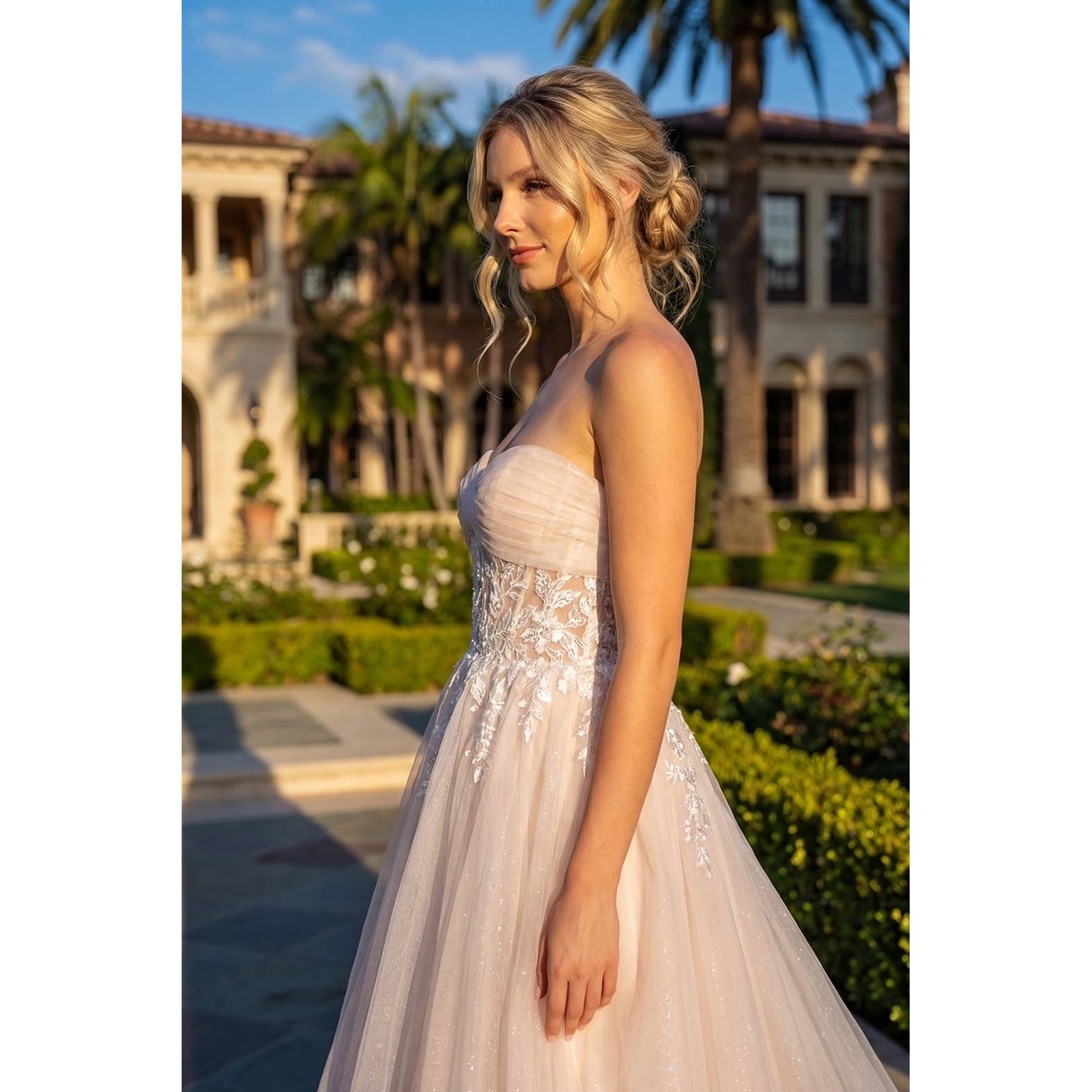 MESH STRAPLESS GOWN WITH SHEER EMBROIDERED LACE WAIST