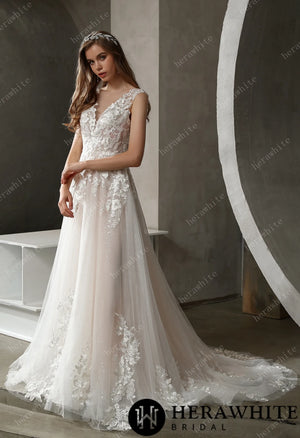 Sparkly Tulle and Lace A-Line Bridal Gown with Bateau Neckline