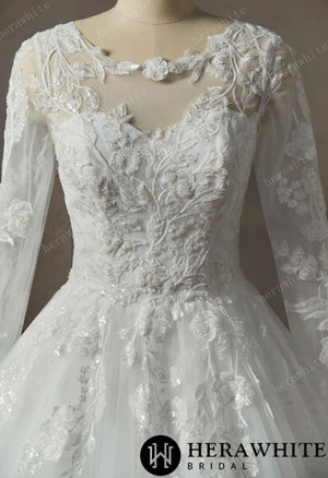 Modest Beaded Lace With Long Illusion Sleeves Ball Gown Wedding Dress