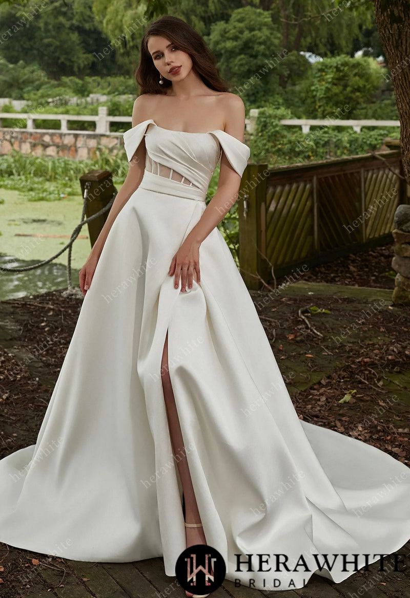 Modern Off Shoulder Grace Slit And Strapless Mikado Wedding Dress