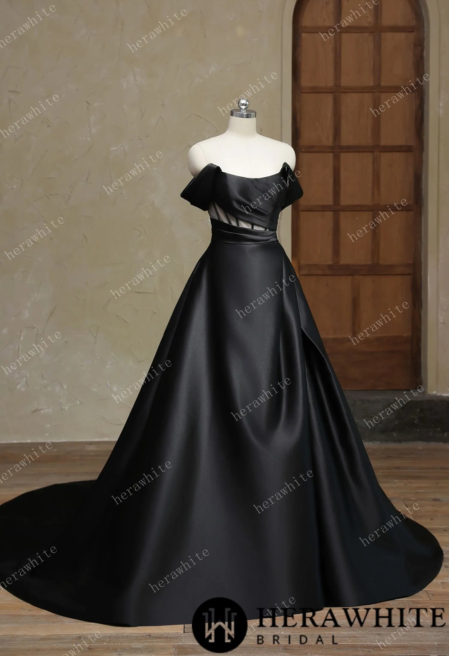 Modern Off Shoulder Grace Slit And Strapless Satin Black Wedding Dress