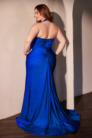 CURVY STETCH SATIN HALTER FITTED DRESS