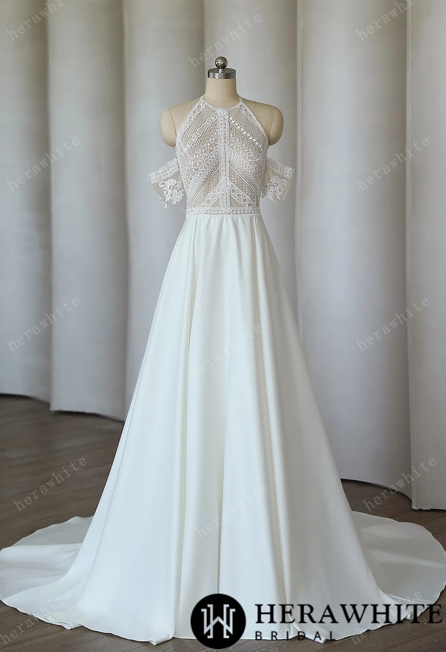 Halter A-line Bohemian Lace Wedding Dresses Sweep Train Satin Forever & Always Halter A-line Bohemian Lace Wedding Dresses Sweep Train Satin Forever & Always