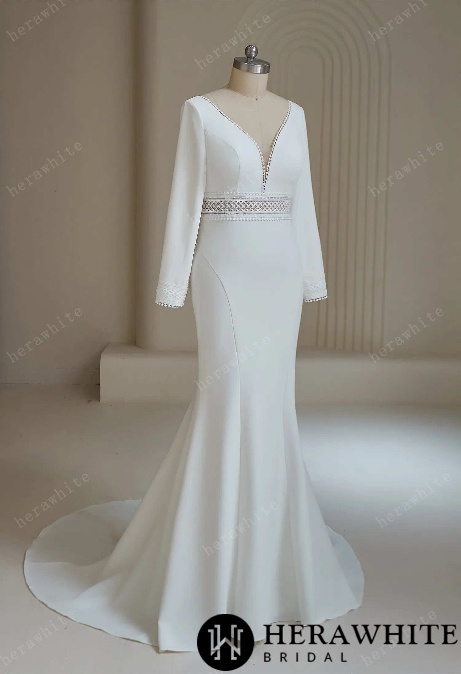 Deep V Neck Crepe Mermaid Wedding Dresses With Full Sleeves