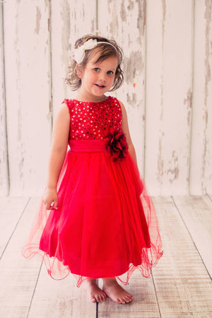 Sequin Party Girls Dress with 3D Mesh Flower and Sash