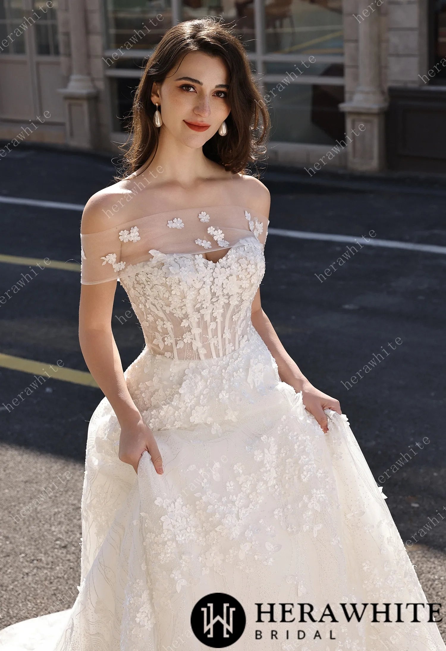 Off-the-Shoulder Sheer Floral Lace With Glitter A-Line Romantic Wedding Dress HW3822