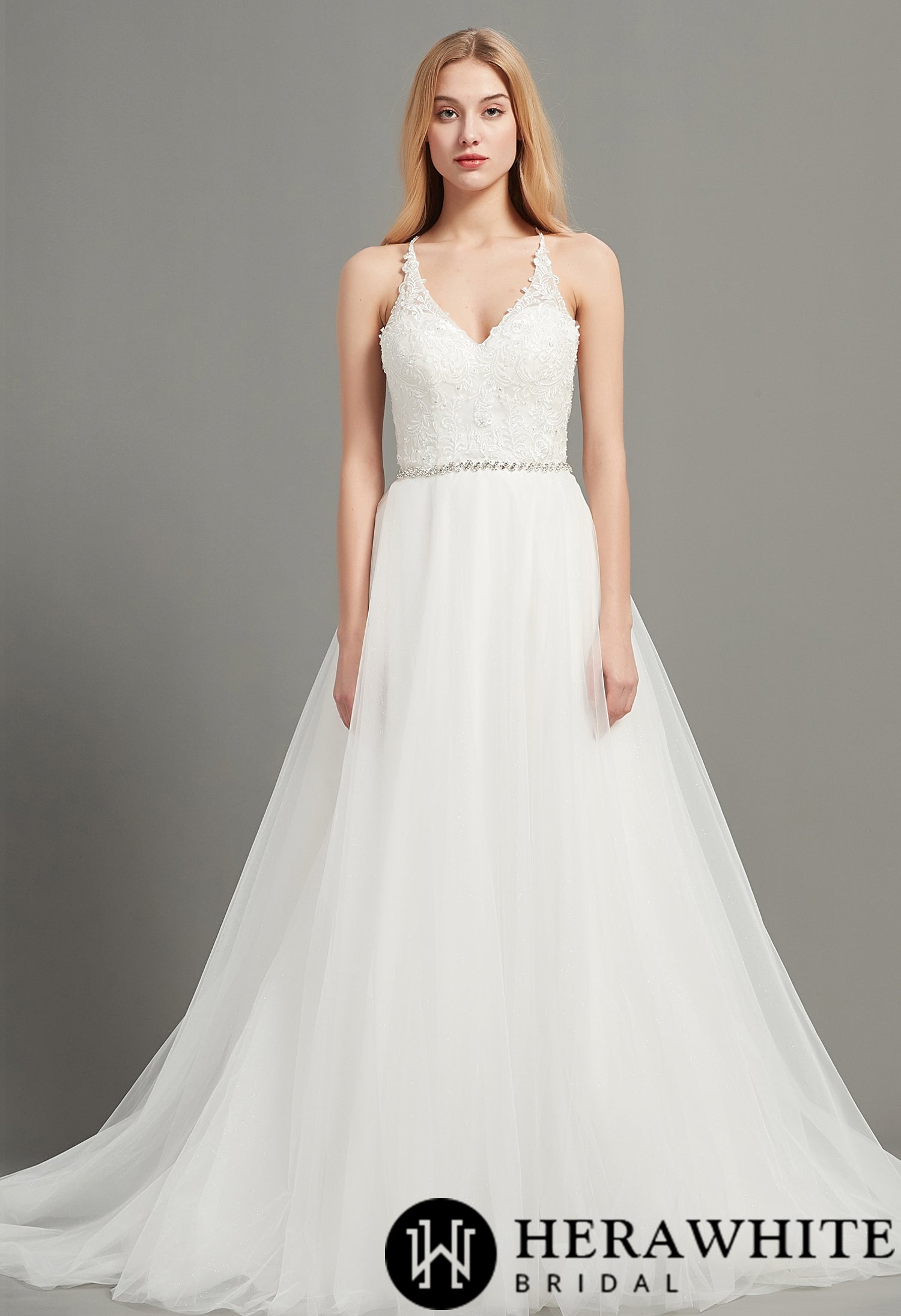 Romantic Open Back V-Neck Wedding Gown With Beading Belt