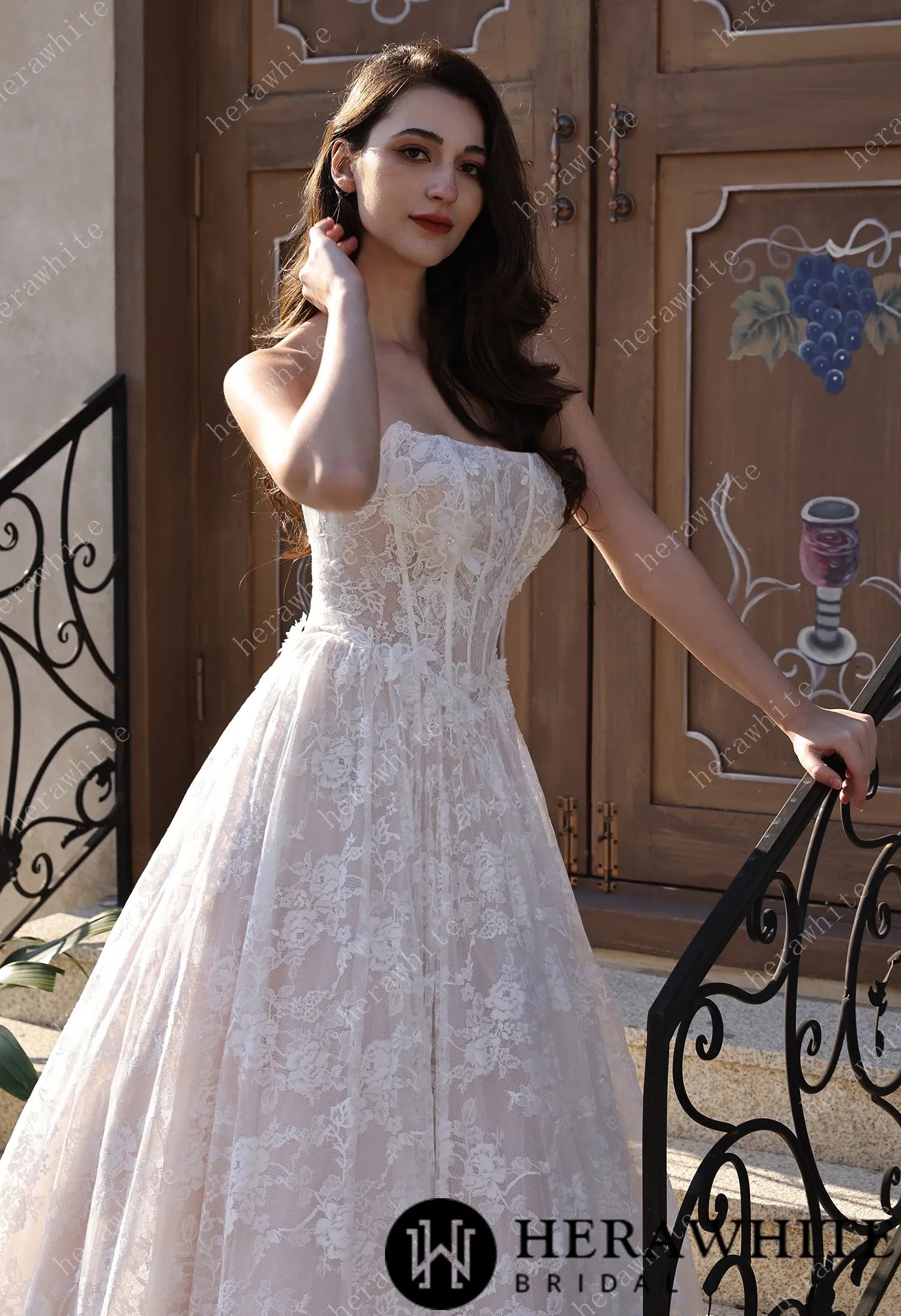 Ethereal Cat Eye Neckline Lace Ballgown Wedding With 3-D Flower Accents HW3817