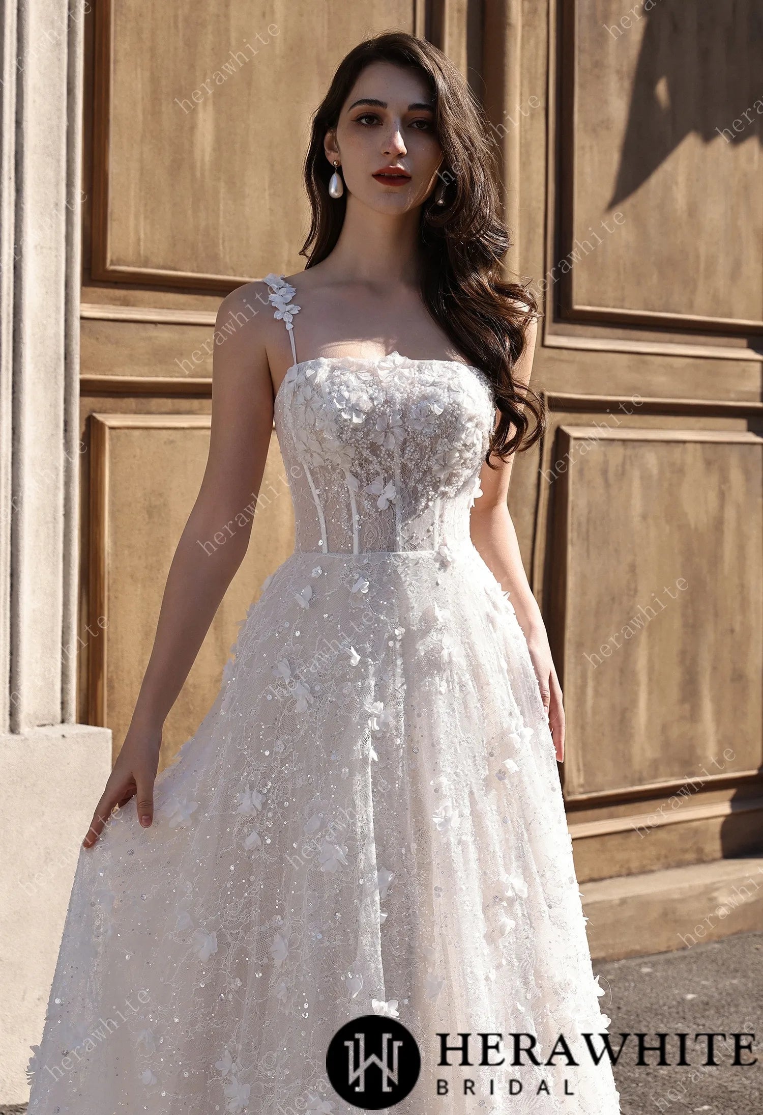 3D Floral Sparkle Lace  Wedding Dress With Straight Across Neckline HW3833