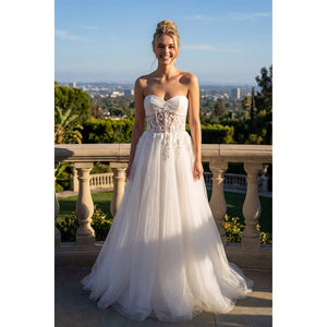 MESH STRAPLESS GOWN WITH SHEER EMBROIDERED LACE WAIST