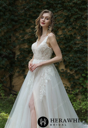 Beaded Sequins Lace And Sexy Split Wedding Dress HW3034