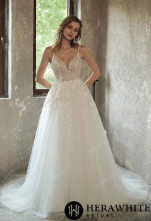Sparkly Sequined Floral Tulle Ballgown V-neck Wedding Dress HW3035
