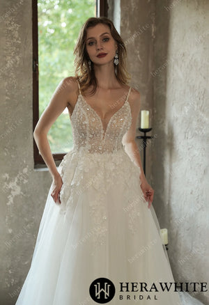 Sparkly Sequined Floral Tulle Ballgown V-neck Wedding Dress HW3035