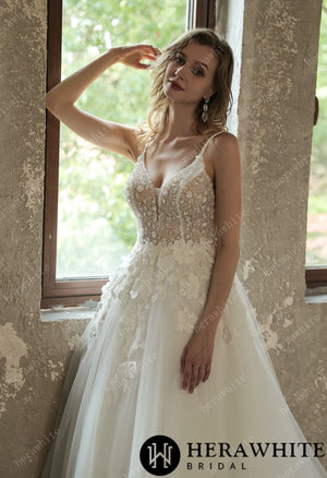 Sparkly Sequined Floral Tulle Ballgown V-neck Wedding Dress HW3035