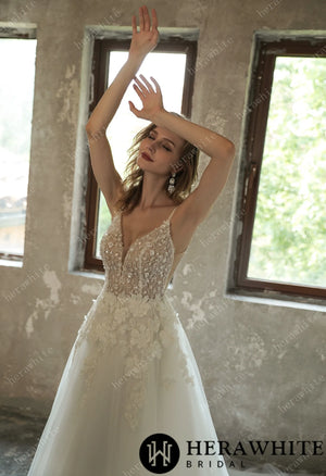 Sparkly Sequined Floral Tulle Ballgown V-neck Wedding Dress HW3035