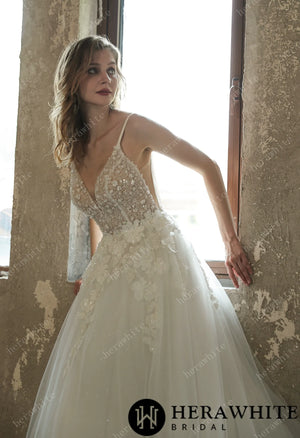 Sparkly Sequined Floral Tulle Ballgown V-neck Wedding Dress HW3035