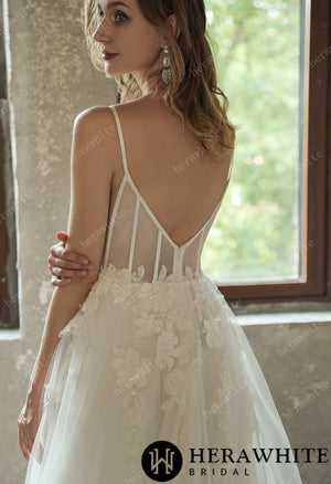 Sparkly Sequined Floral Tulle Ballgown V-neck Wedding Dress HW3035