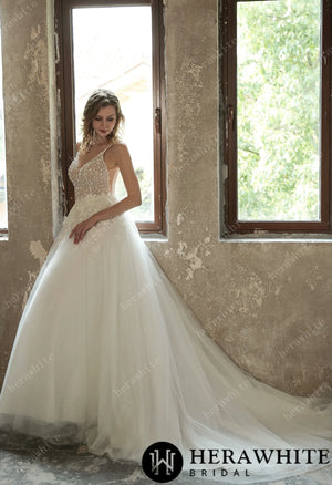 Sparkly Sequined Floral Tulle Ballgown V-neck Wedding Dress HW3035