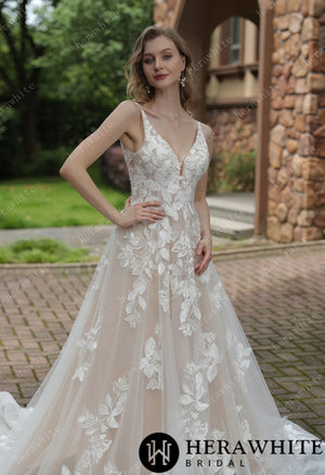 Luxurious Floral Lace  A-Line Sheer Train Wedding Dress HW3039