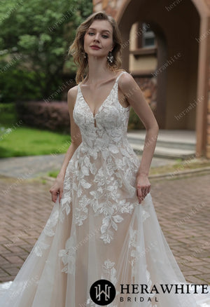 Luxurious Floral Lace  A-Line Sheer Train Wedding Dress HW3039
