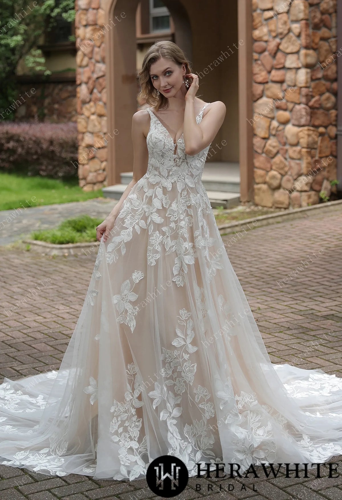 Luxurious Floral Lace  A-Line Sheer Train Wedding Dress HW3039