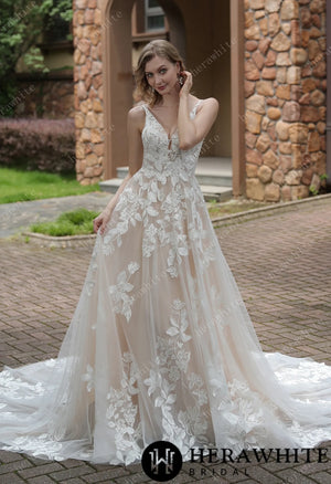 Luxurious Floral Lace  A-Line Sheer Train Wedding Dress HW3039